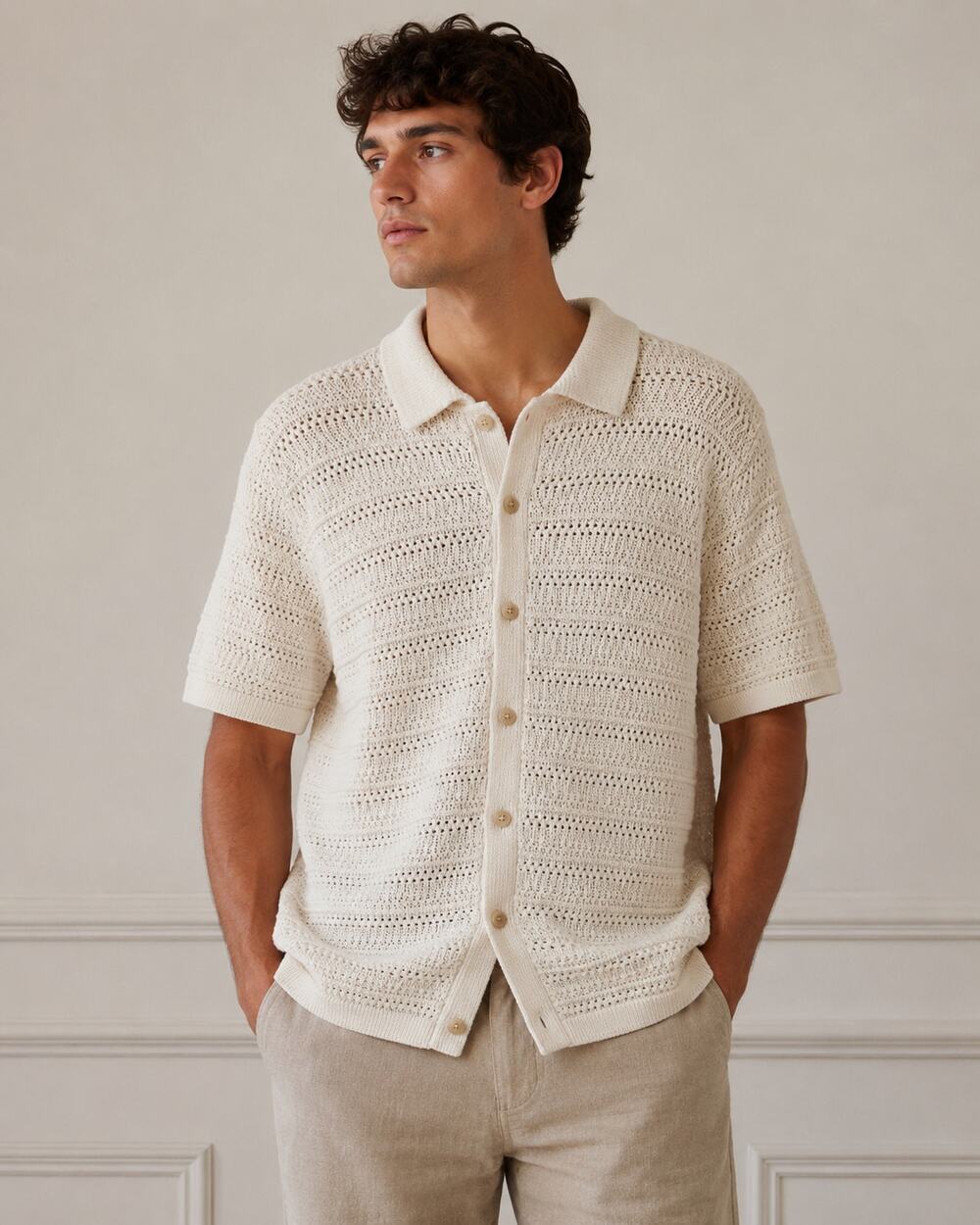 J.Crew Men's SZ L Short Sleeve Open-Stitch Polo Cardigan Sweater in Ivory White